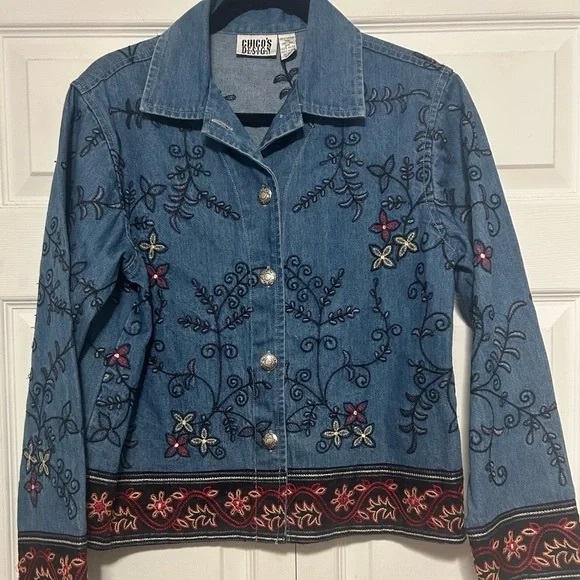 Chico's Jackets & Blazers - Chico's Blue Jean Jacket with Red and Pink Embroidery
